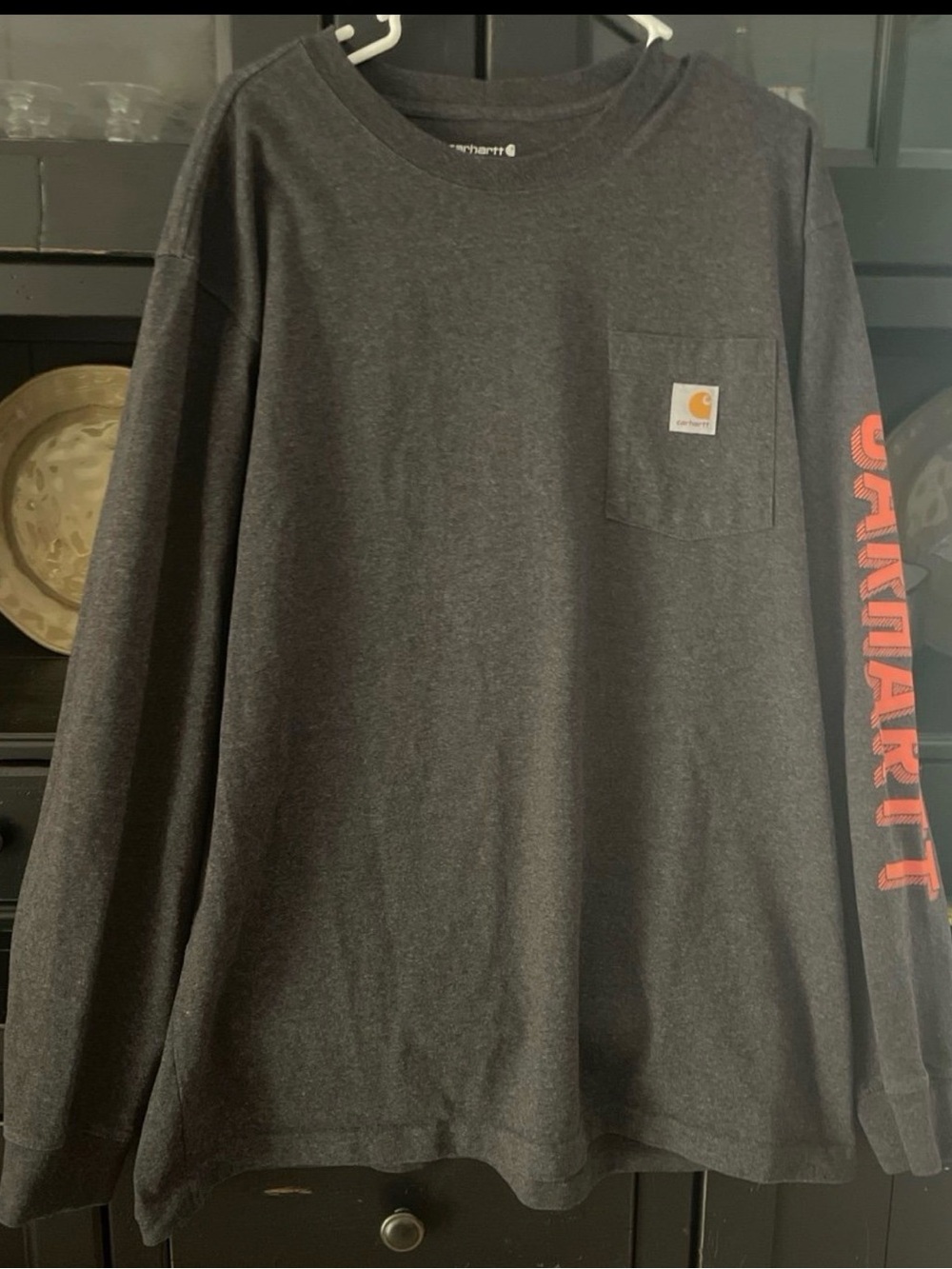 Carhartt Charcoal Long Sleeve Pocket Tee with Orange Sleeve Logo